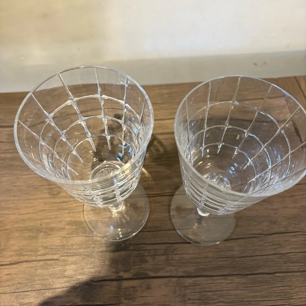 Vintage Crystal Clear Faceted Wine Goblets Glasses - Set of 2